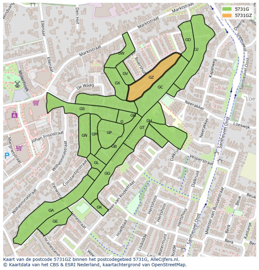 Afbeelding van het postcodegebied 5731 GZ op de kaart.