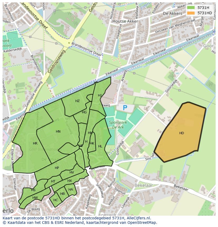 Afbeelding van het postcodegebied 5731 HD op de kaart.