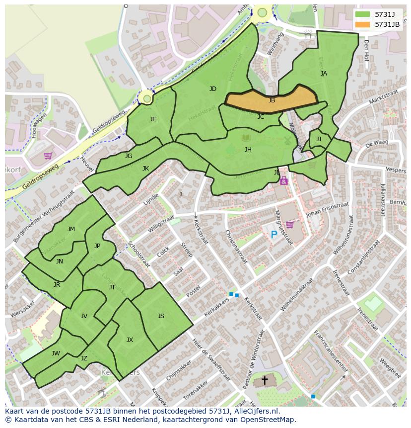 Afbeelding van het postcodegebied 5731 JB op de kaart.
