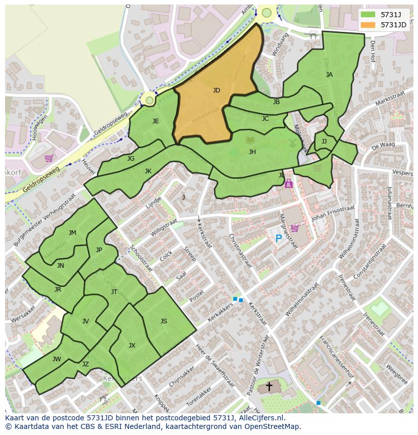 Afbeelding van het postcodegebied 5731 JD op de kaart.