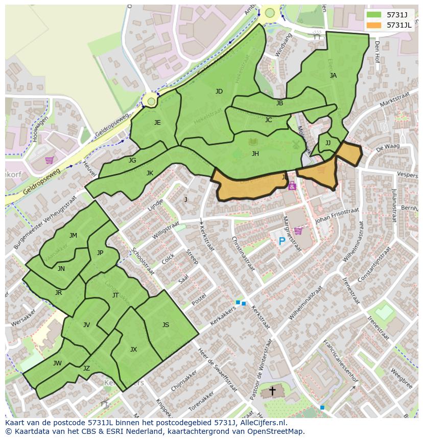 Afbeelding van het postcodegebied 5731 JL op de kaart.