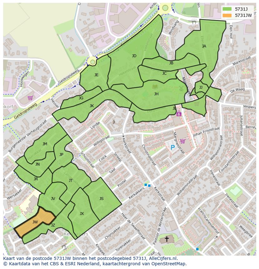 Afbeelding van het postcodegebied 5731 JW op de kaart.