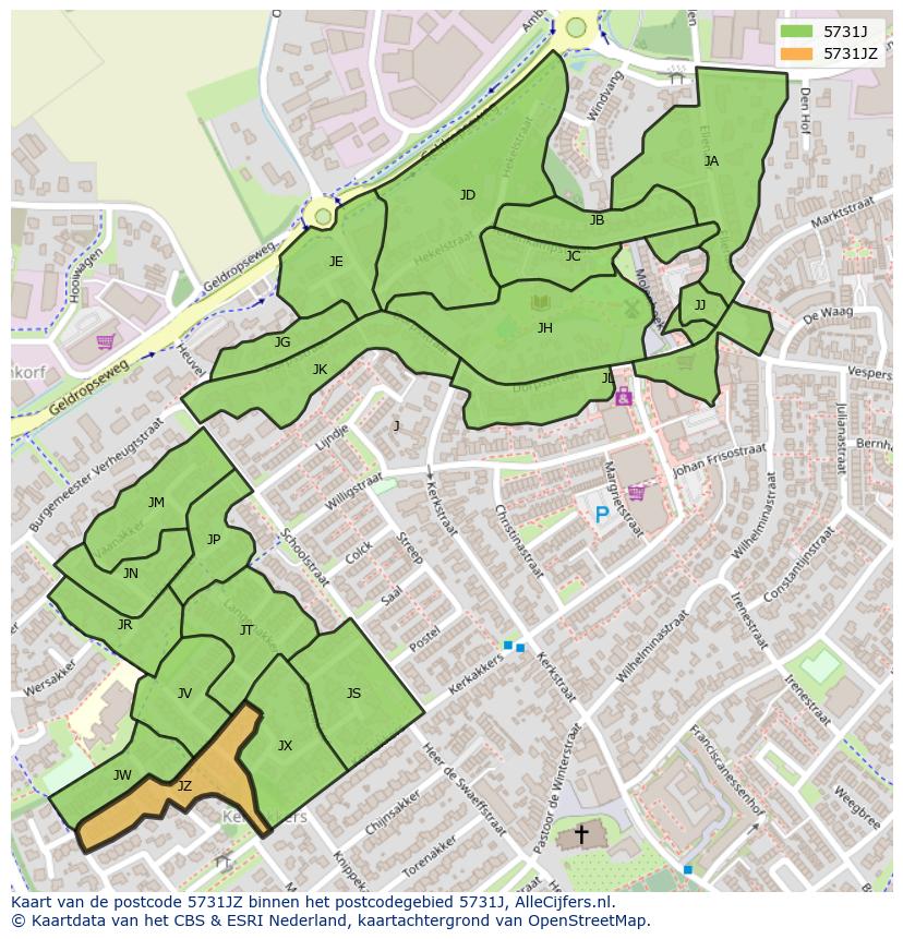 Afbeelding van het postcodegebied 5731 JZ op de kaart.