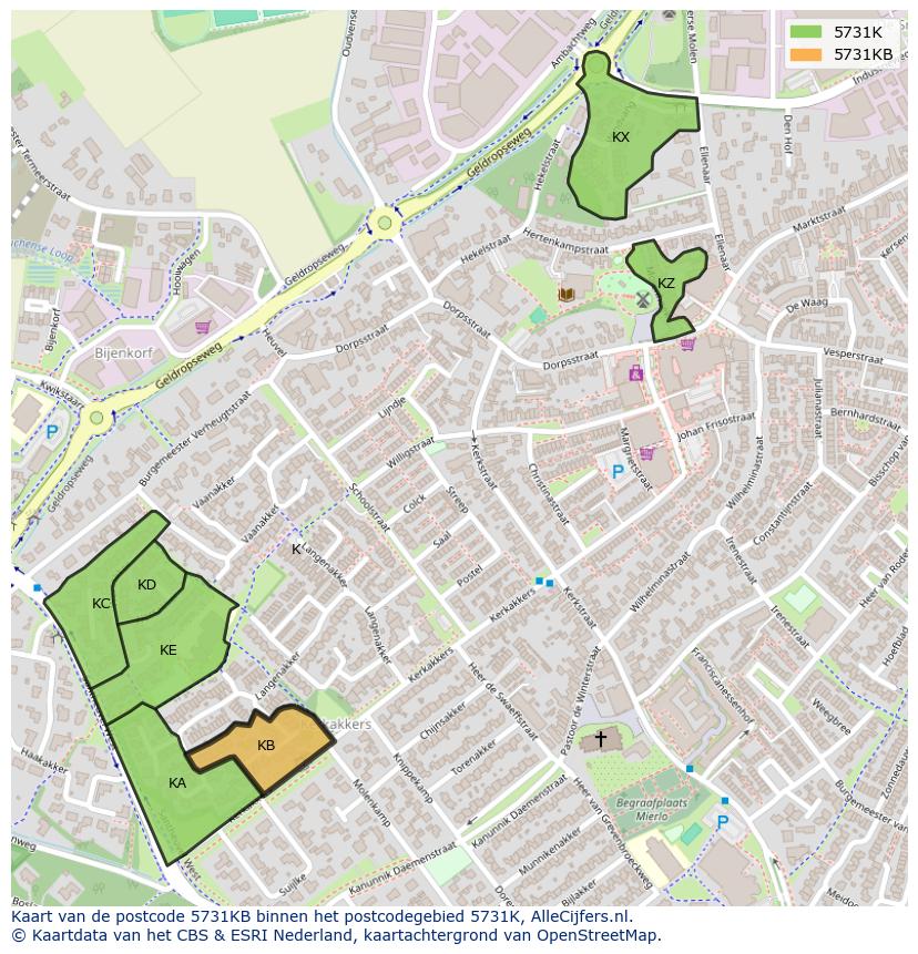 Afbeelding van het postcodegebied 5731 KB op de kaart.
