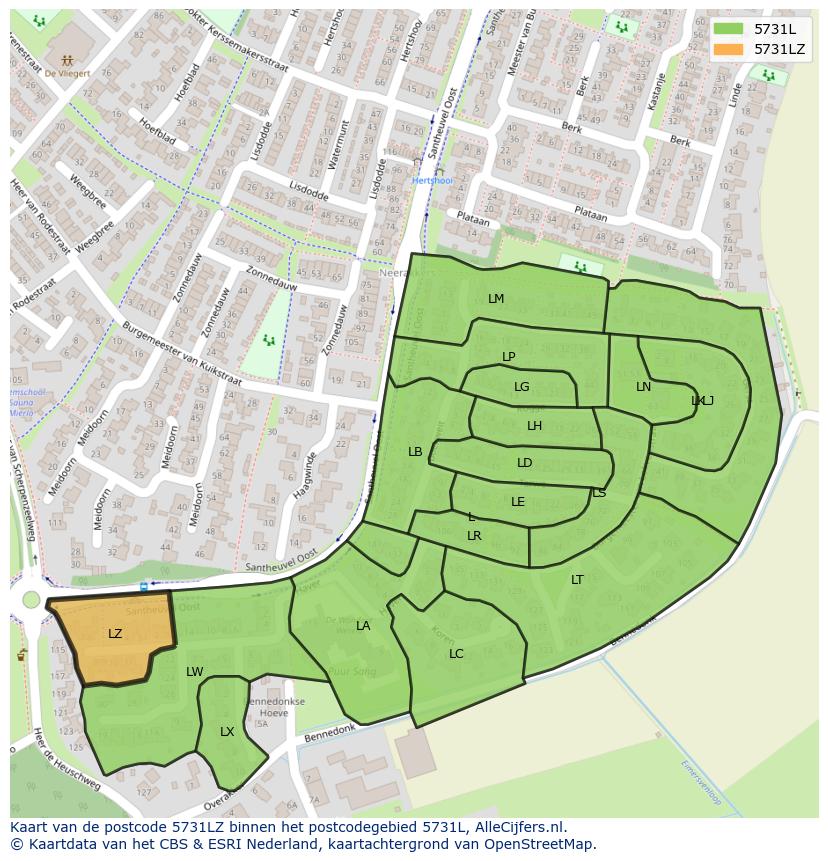 Afbeelding van het postcodegebied 5731 LZ op de kaart.
