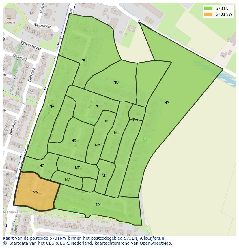 Afbeelding van het postcodegebied 5731 NW op de kaart.