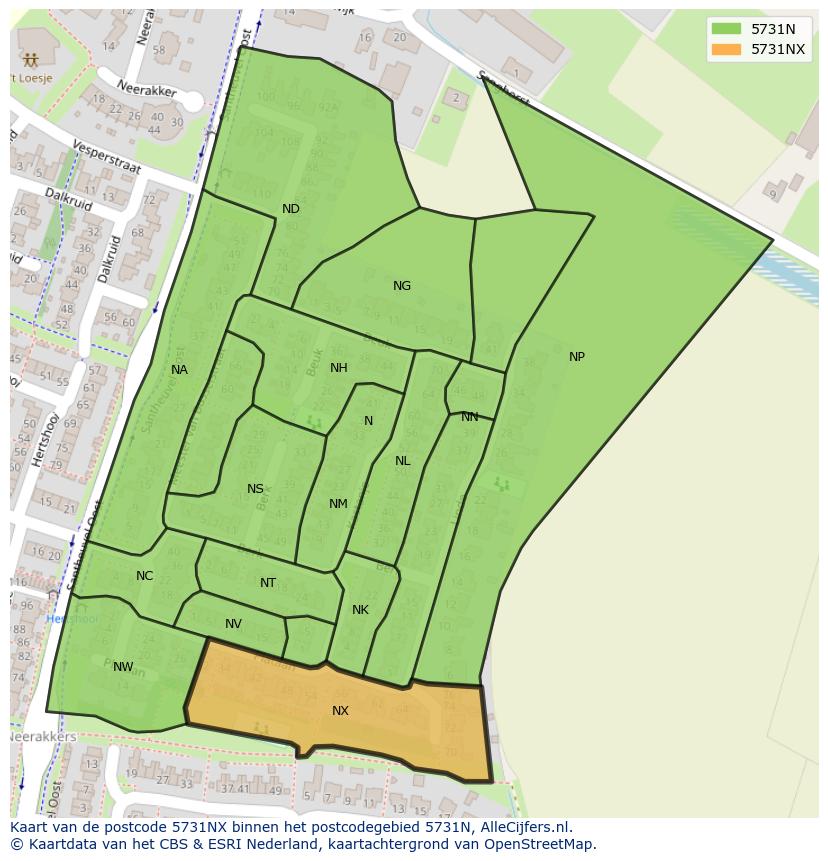 Afbeelding van het postcodegebied 5731 NX op de kaart.