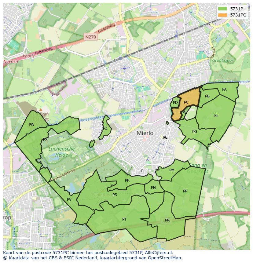 Afbeelding van het postcodegebied 5731 PC op de kaart.