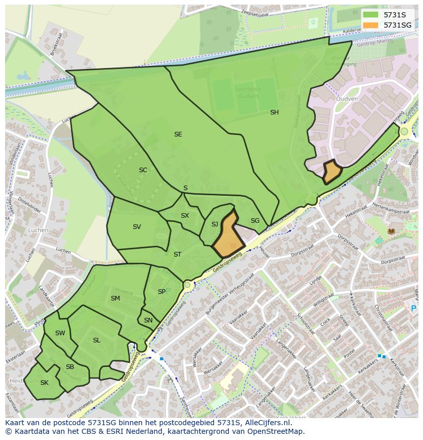 Afbeelding van het postcodegebied 5731 SG op de kaart.
