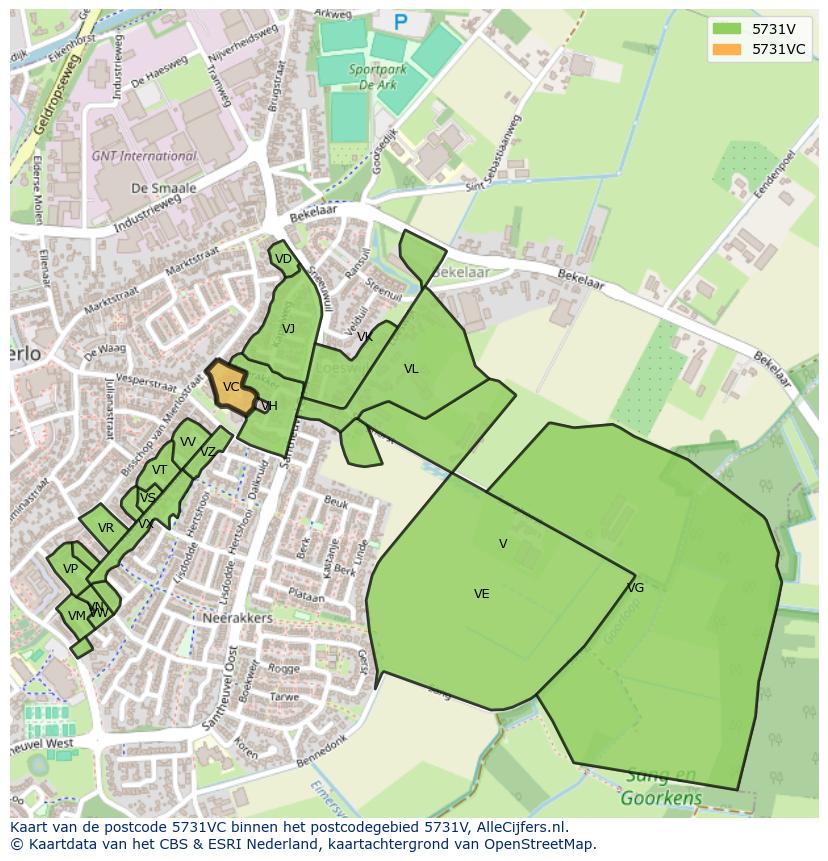 Afbeelding van het postcodegebied 5731 VC op de kaart.