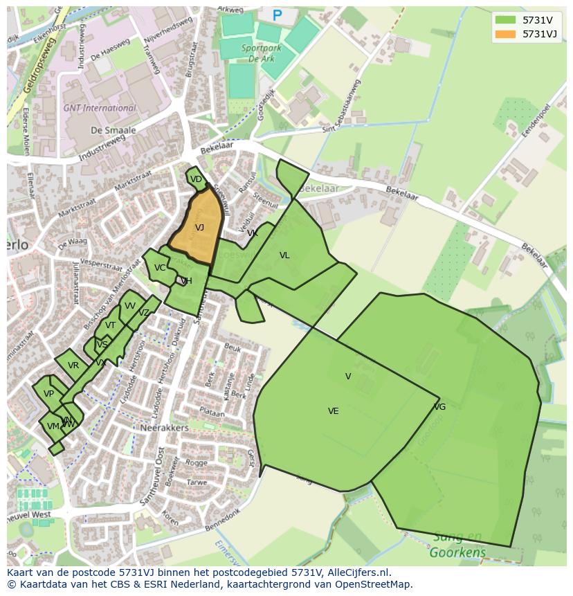 Afbeelding van het postcodegebied 5731 VJ op de kaart.