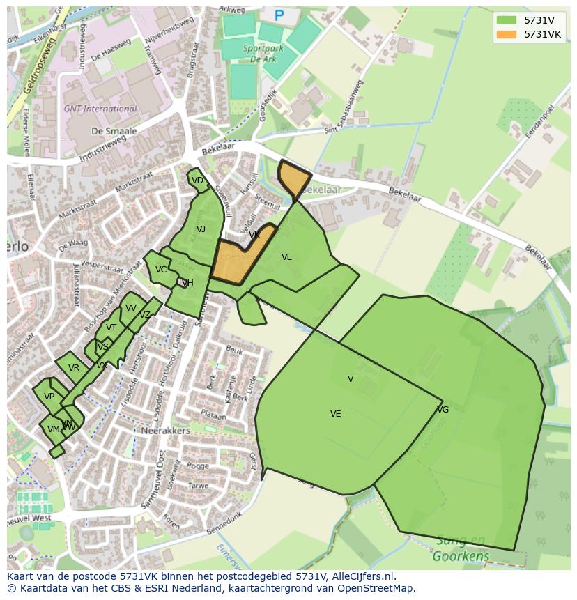 Afbeelding van het postcodegebied 5731 VK op de kaart.