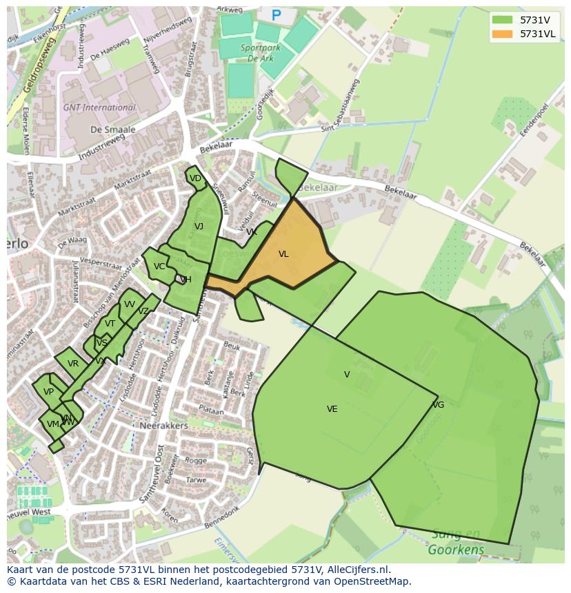 Afbeelding van het postcodegebied 5731 VL op de kaart.