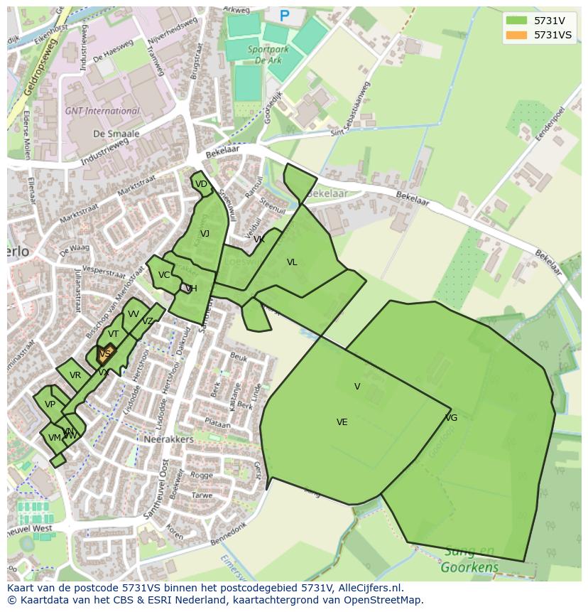 Afbeelding van het postcodegebied 5731 VS op de kaart.
