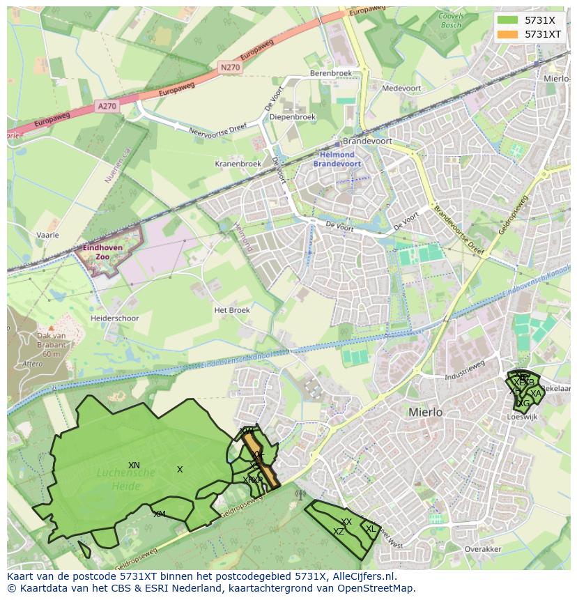 Afbeelding van het postcodegebied 5731 XT op de kaart.