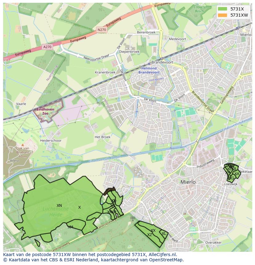 Afbeelding van het postcodegebied 5731 XW op de kaart.