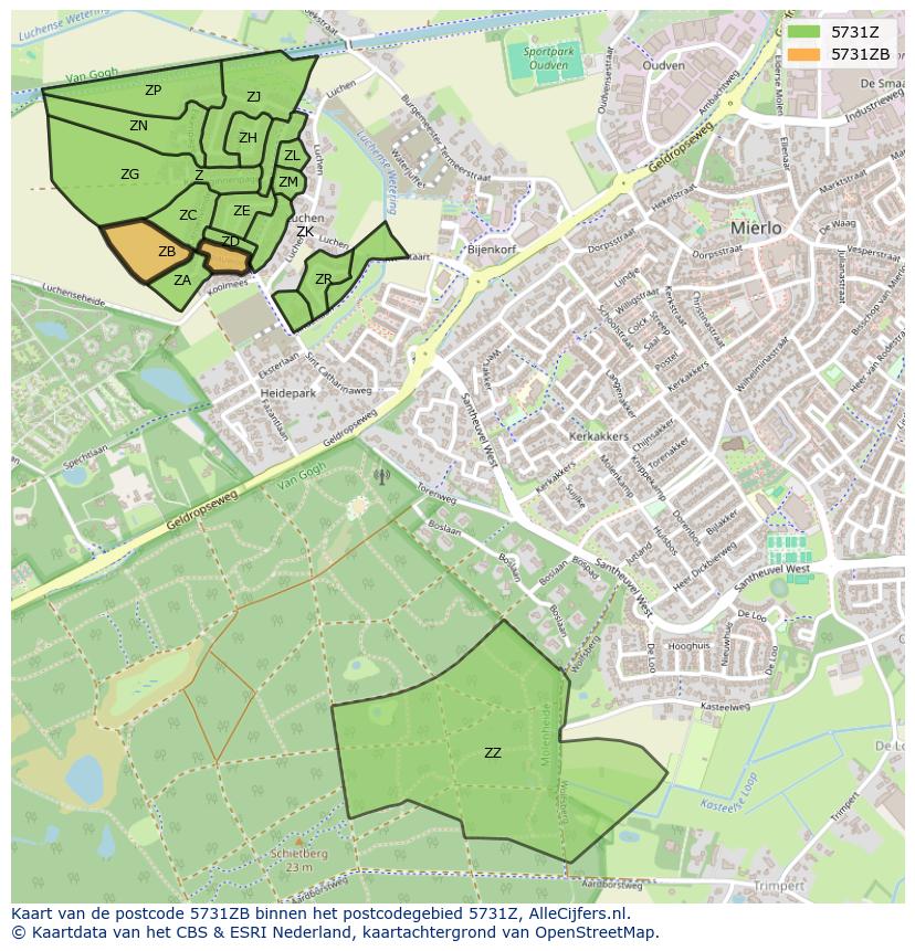 Afbeelding van het postcodegebied 5731 ZB op de kaart.