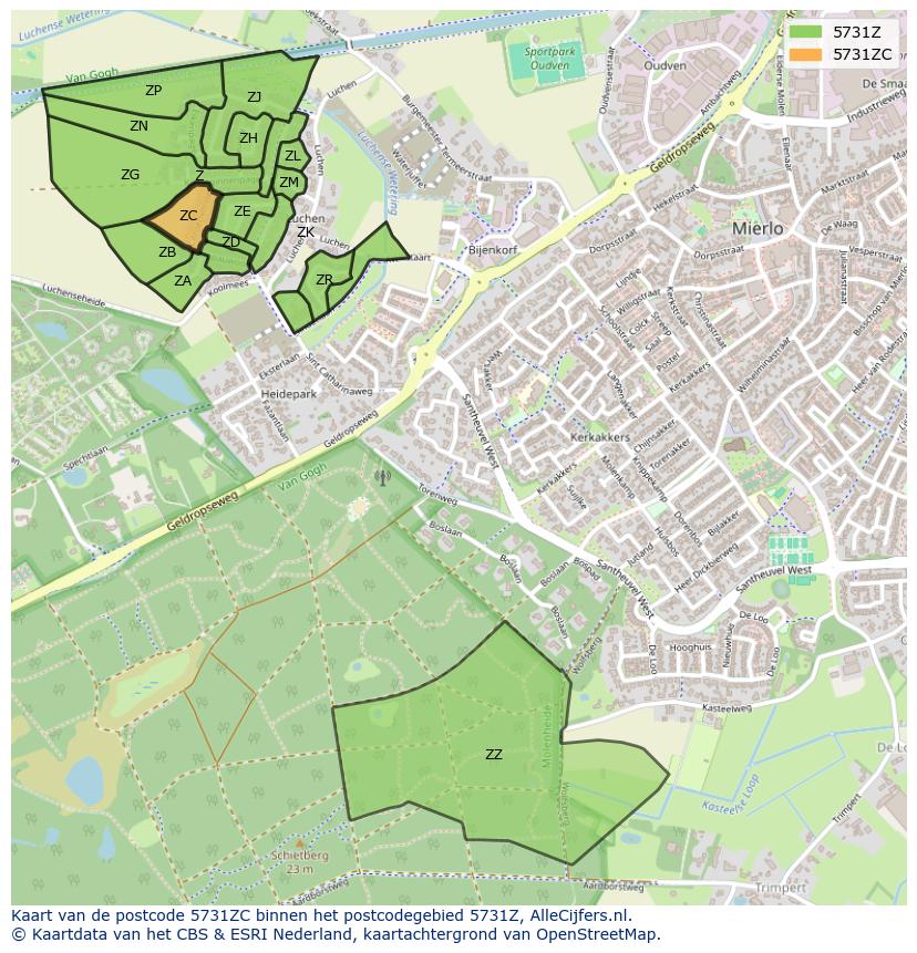 Afbeelding van het postcodegebied 5731 ZC op de kaart.