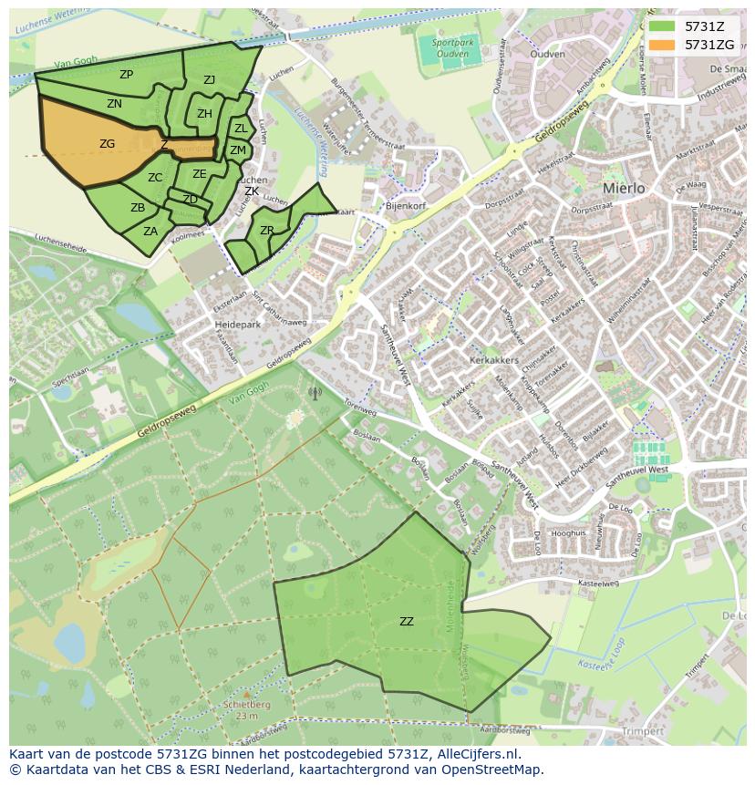 Afbeelding van het postcodegebied 5731 ZG op de kaart.