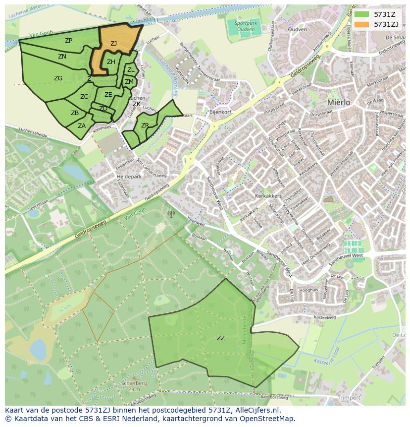 Afbeelding van het postcodegebied 5731 ZJ op de kaart.