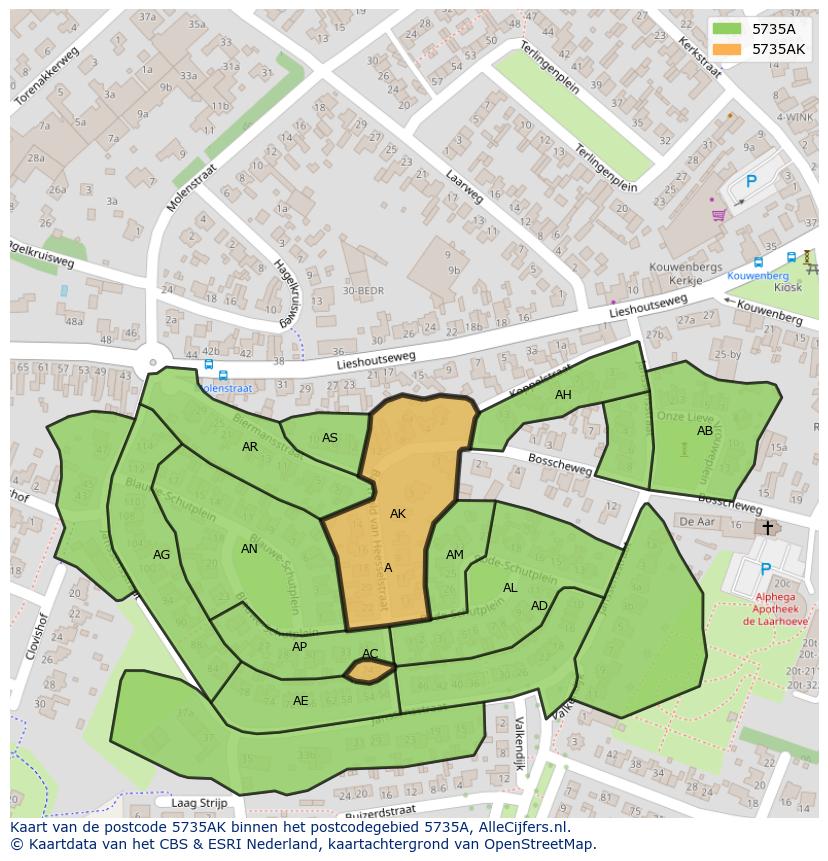Afbeelding van het postcodegebied 5735 AK op de kaart.