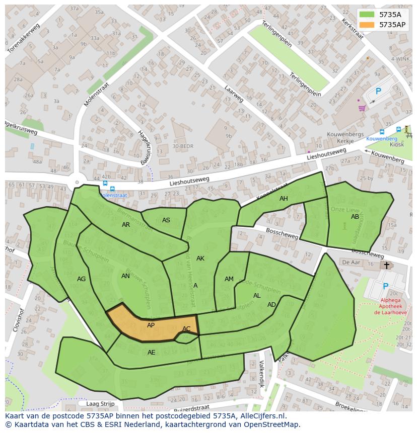 Afbeelding van het postcodegebied 5735 AP op de kaart.