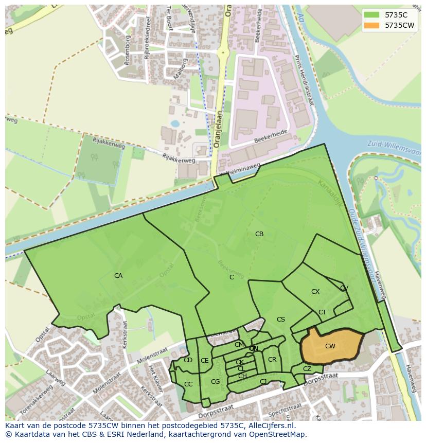 Afbeelding van het postcodegebied 5735 CW op de kaart.