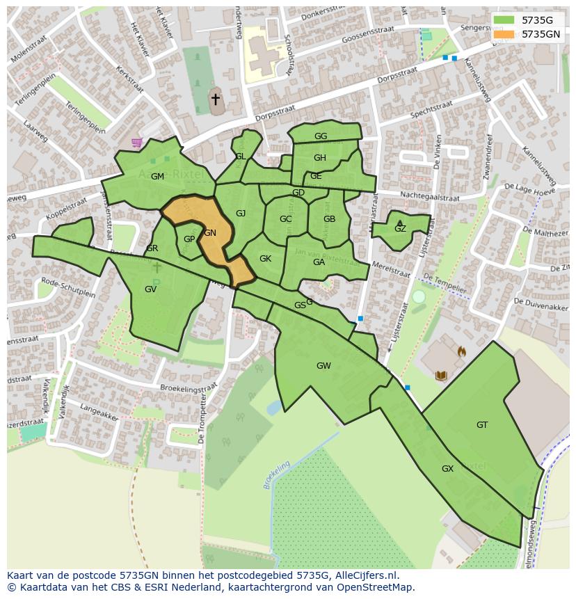 Afbeelding van het postcodegebied 5735 GN op de kaart.