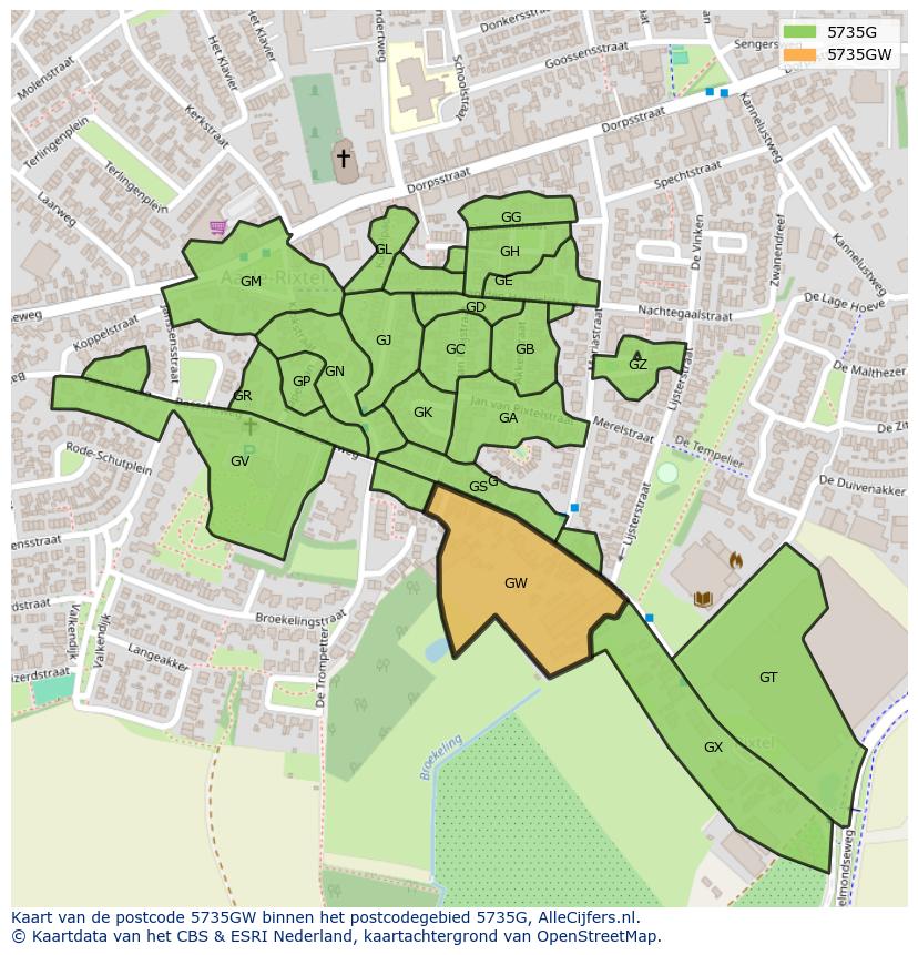 Afbeelding van het postcodegebied 5735 GW op de kaart.