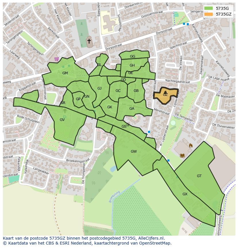 Afbeelding van het postcodegebied 5735 GZ op de kaart.