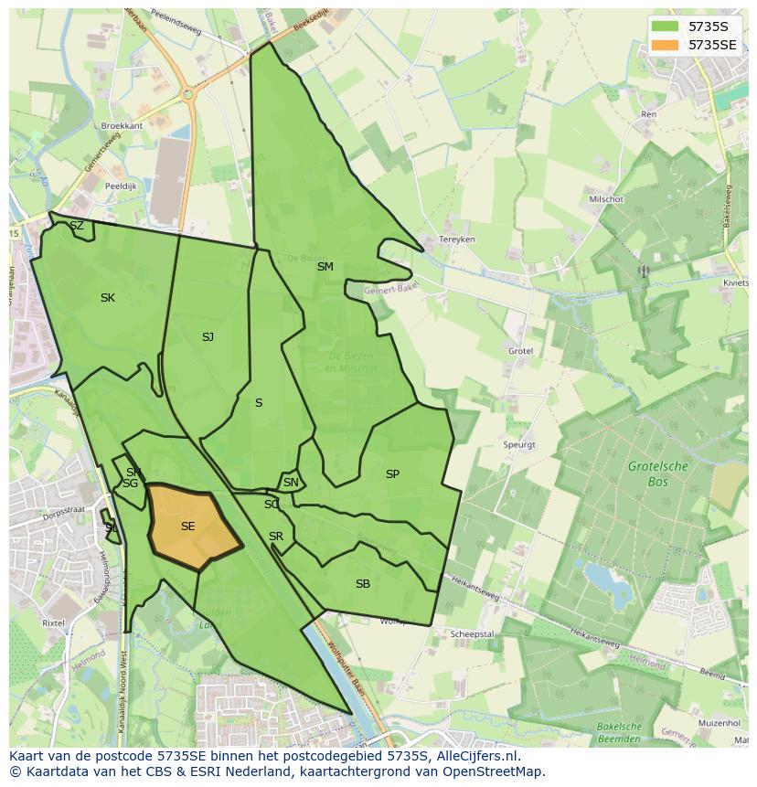 Afbeelding van het postcodegebied 5735 SE op de kaart.