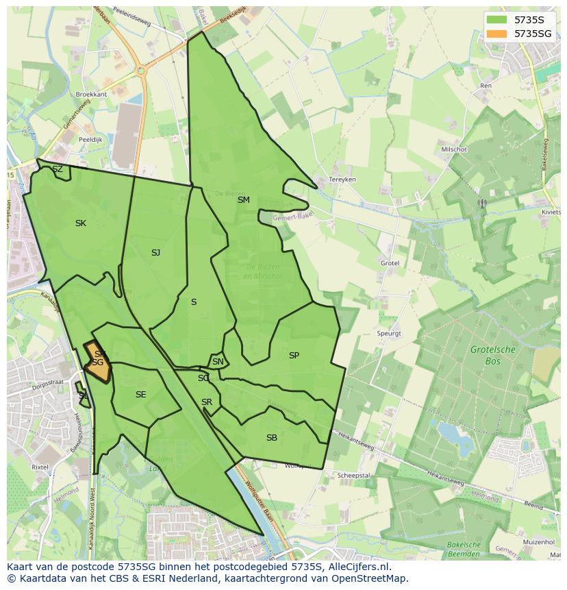 Afbeelding van het postcodegebied 5735 SG op de kaart.