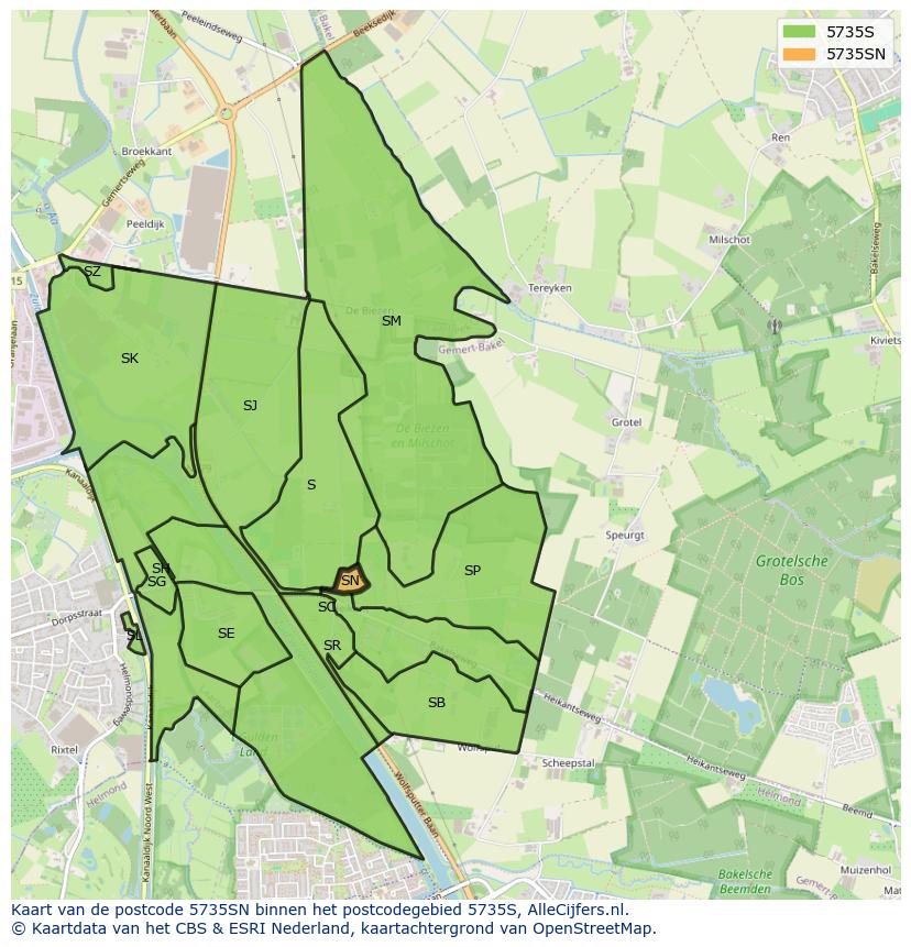 Afbeelding van het postcodegebied 5735 SN op de kaart.