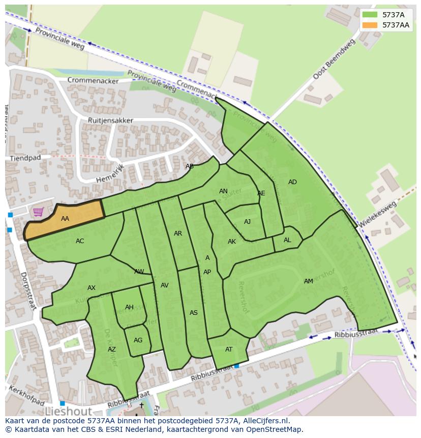 Afbeelding van het postcodegebied 5737 AA op de kaart.