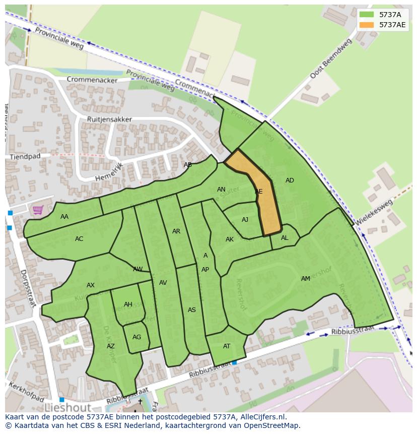 Afbeelding van het postcodegebied 5737 AE op de kaart.