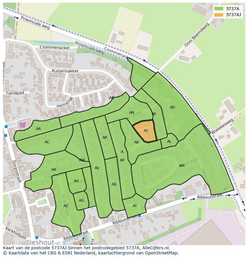 Afbeelding van het postcodegebied 5737 AJ op de kaart.