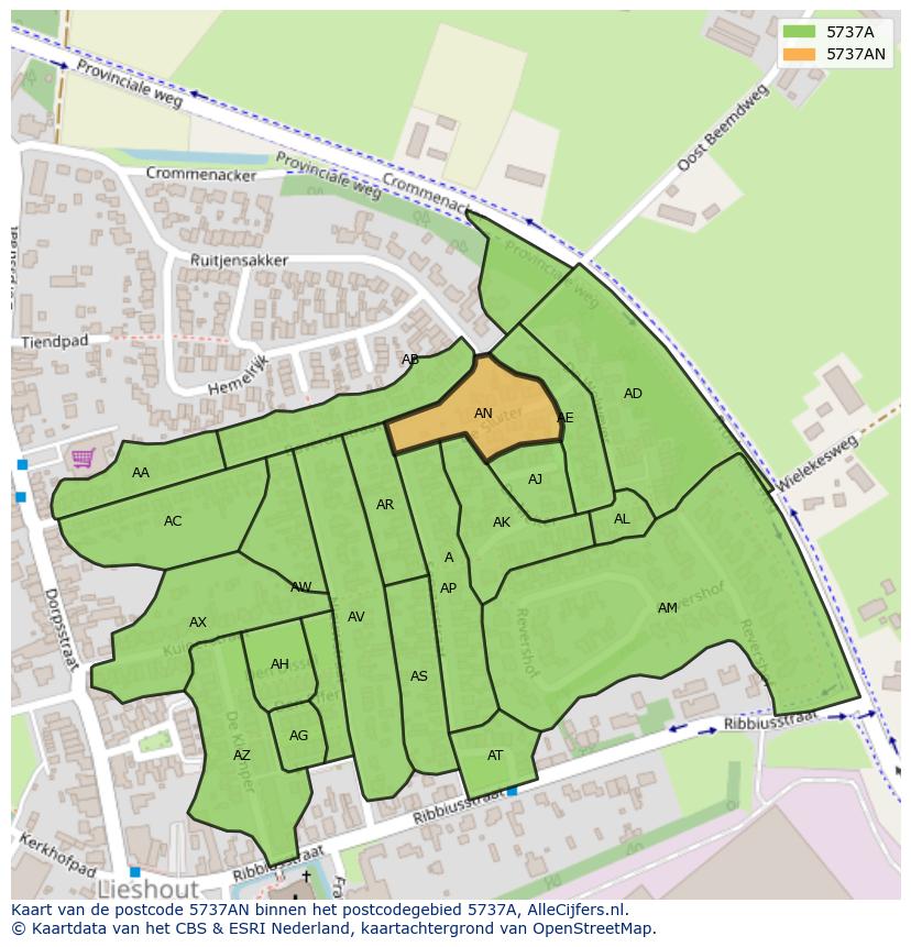 Afbeelding van het postcodegebied 5737 AN op de kaart.