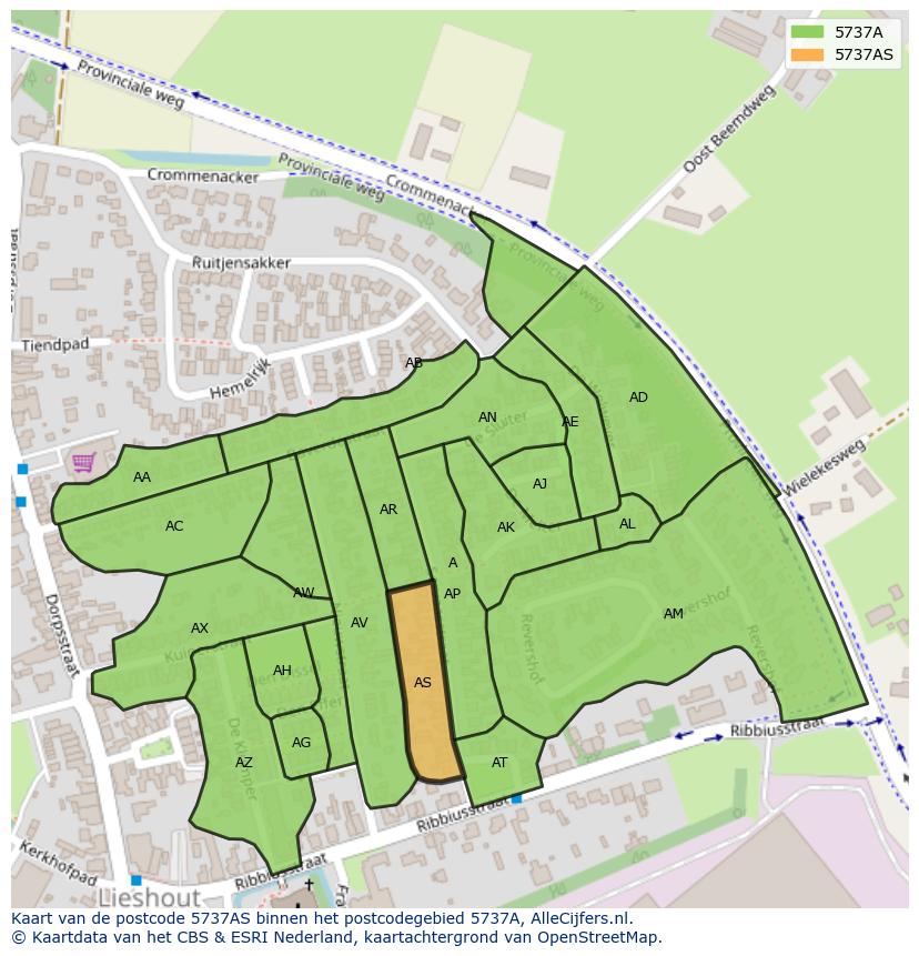 Afbeelding van het postcodegebied 5737 AS op de kaart.