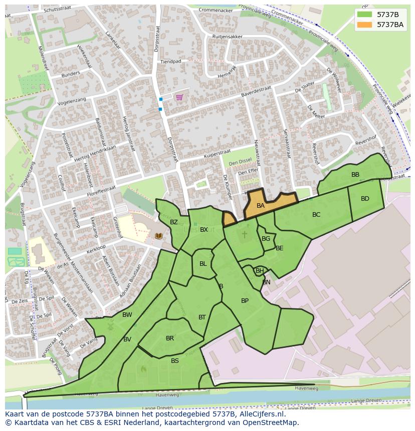 Afbeelding van het postcodegebied 5737 BA op de kaart.