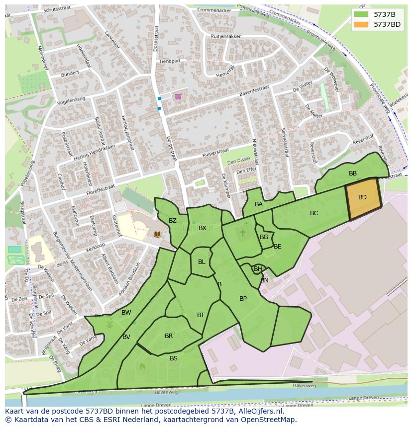 Afbeelding van het postcodegebied 5737 BD op de kaart.