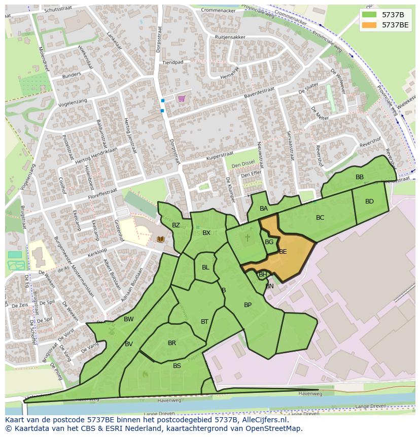 Afbeelding van het postcodegebied 5737 BE op de kaart.