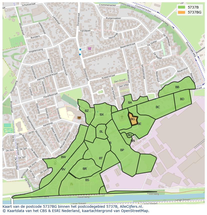 Afbeelding van het postcodegebied 5737 BG op de kaart.