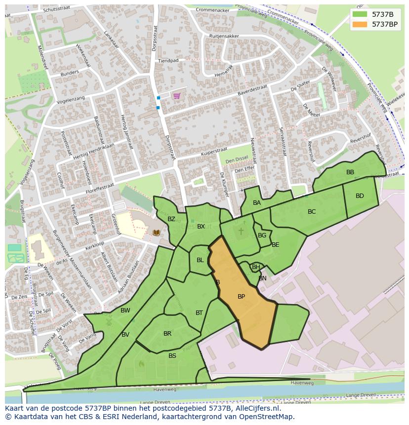Afbeelding van het postcodegebied 5737 BP op de kaart.