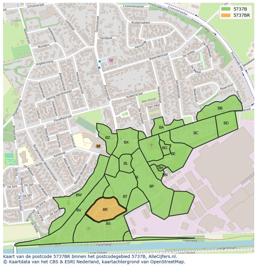 Afbeelding van het postcodegebied 5737 BR op de kaart.