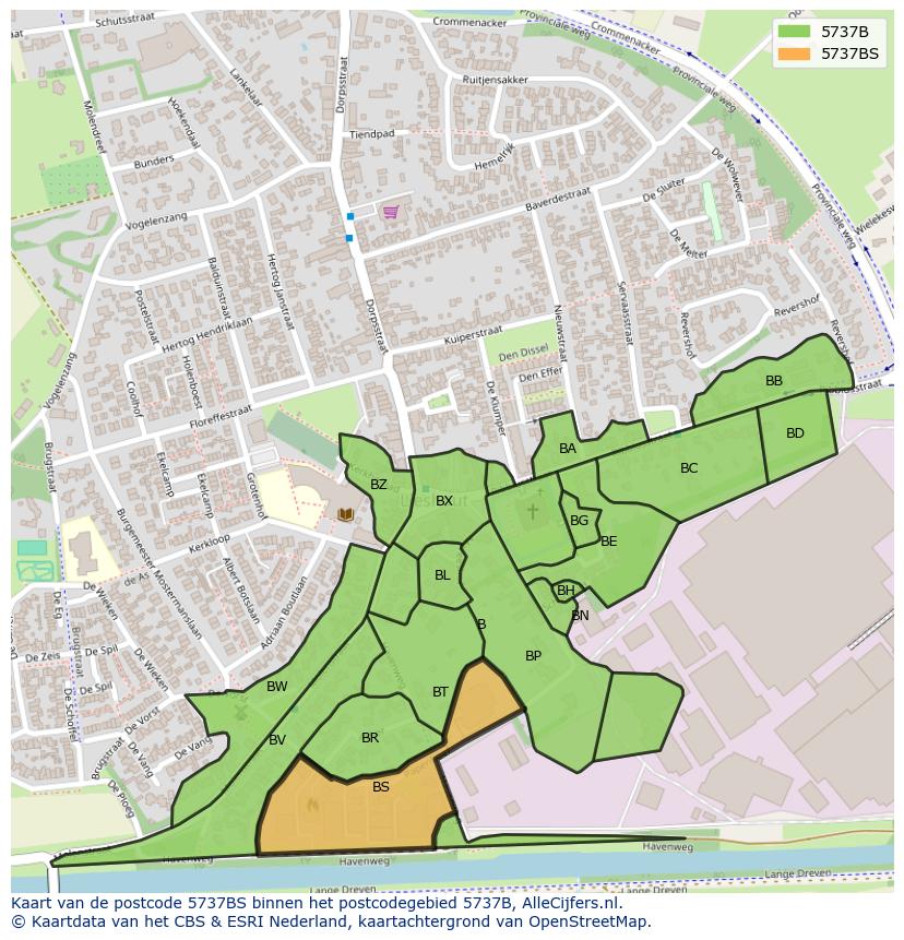 Afbeelding van het postcodegebied 5737 BS op de kaart.