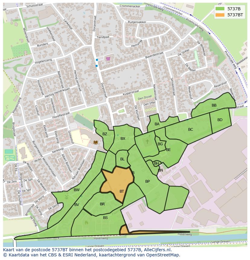 Afbeelding van het postcodegebied 5737 BT op de kaart.