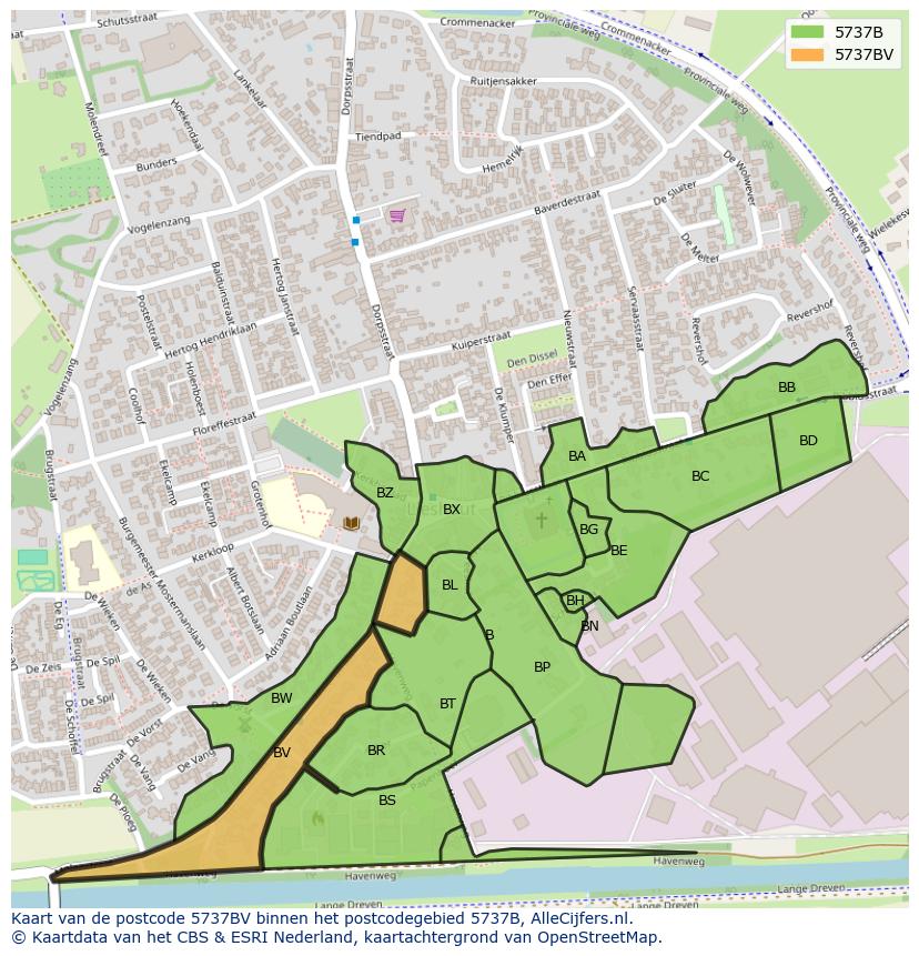 Afbeelding van het postcodegebied 5737 BV op de kaart.