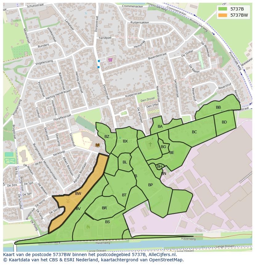 Afbeelding van het postcodegebied 5737 BW op de kaart.