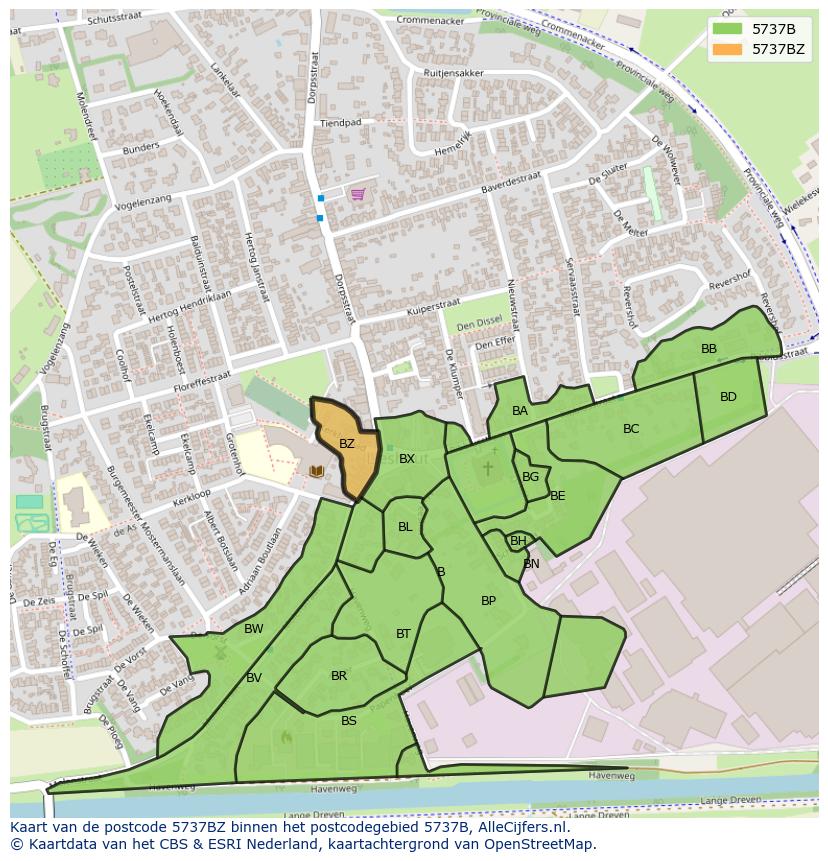 Afbeelding van het postcodegebied 5737 BZ op de kaart.