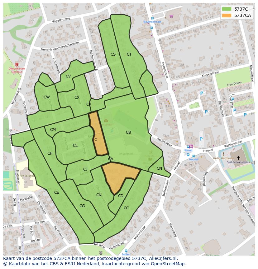 Afbeelding van het postcodegebied 5737 CA op de kaart.